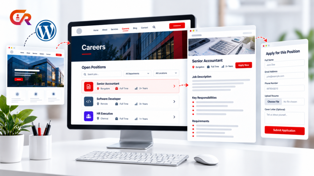 WordPress careers page with job listings and application workflow